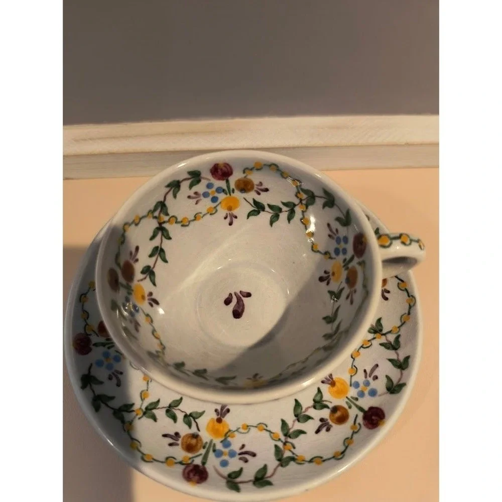 Vintage Hand Painted Portuguese Ceramic Tea‎ Cup and Saucer Floral Blue Yellow